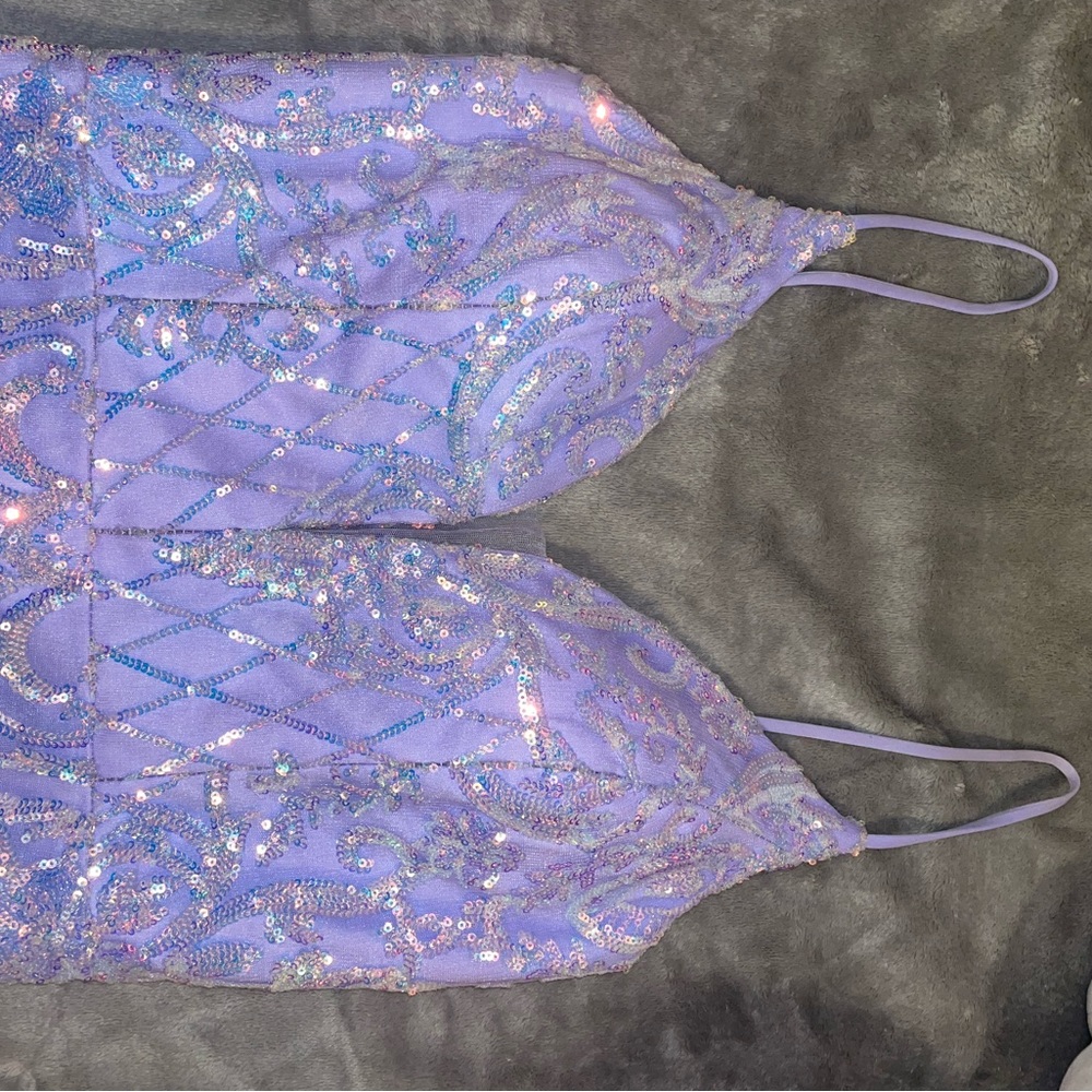 formal purple mermaid style sequin dress cross back low v small train dress - Picture 3 of 10